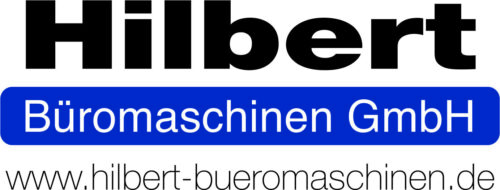 Logo der Hilbert Büro­maschinen GmbH mit dem Schriftzug "Hilbert" in schwarzer Schrift und "Büro­maschinen GmbH" in blau. Darunter befindet sich die Website-Adresse "www.hilbert-bueromaschinen.de" (Kooperationspartner)