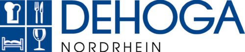 Logo des DEHOGA Nordrhein – Deutscher Hotel- und Gaststättenverband mit Symbolen für Gastronomie, Hotellerie und Gastgewerbe.
